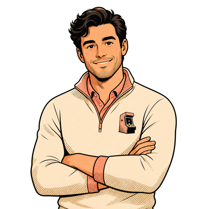 Illustrated Founder and CEO wearing a Skills Arcade™ quarter-zip pullover