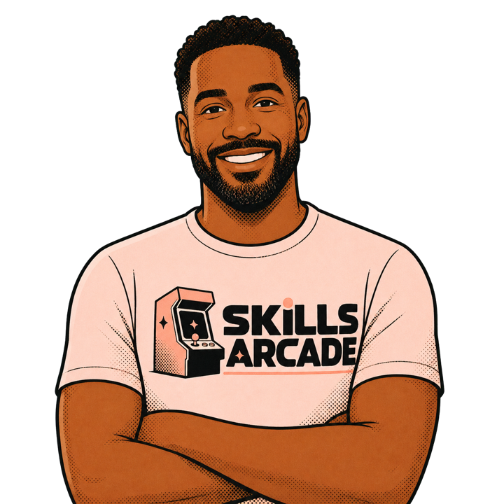 Illustrated Chief Learning Officer wearing a pink Skills Arcade™ tee