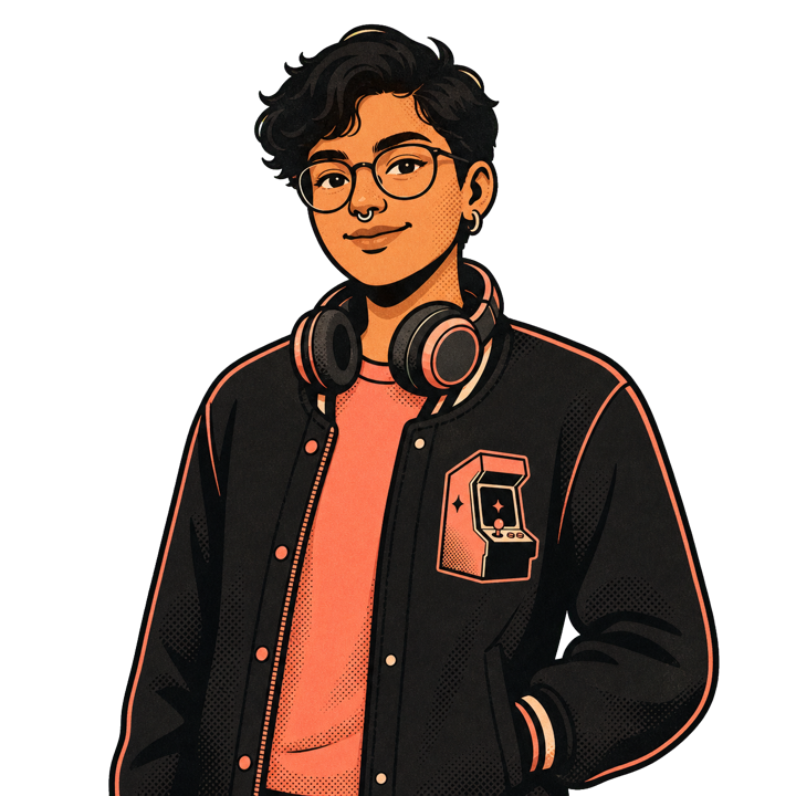 Illustrated Experience Technology Director wearing a Skills Arcade™ bomber jacket and headphones