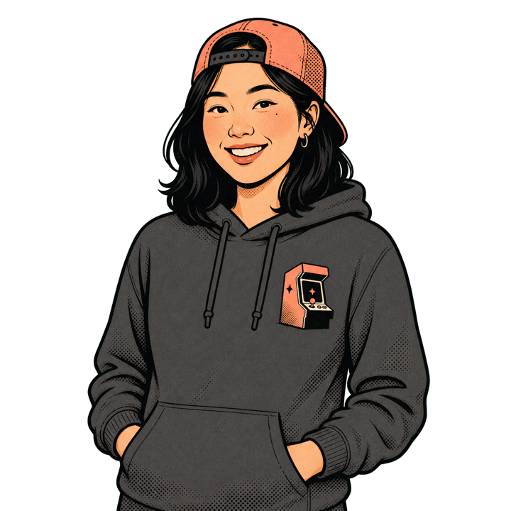 Illustrated Learning Design Director wearing a grey Skills Arcade™ hoodie and backwards trucker hat